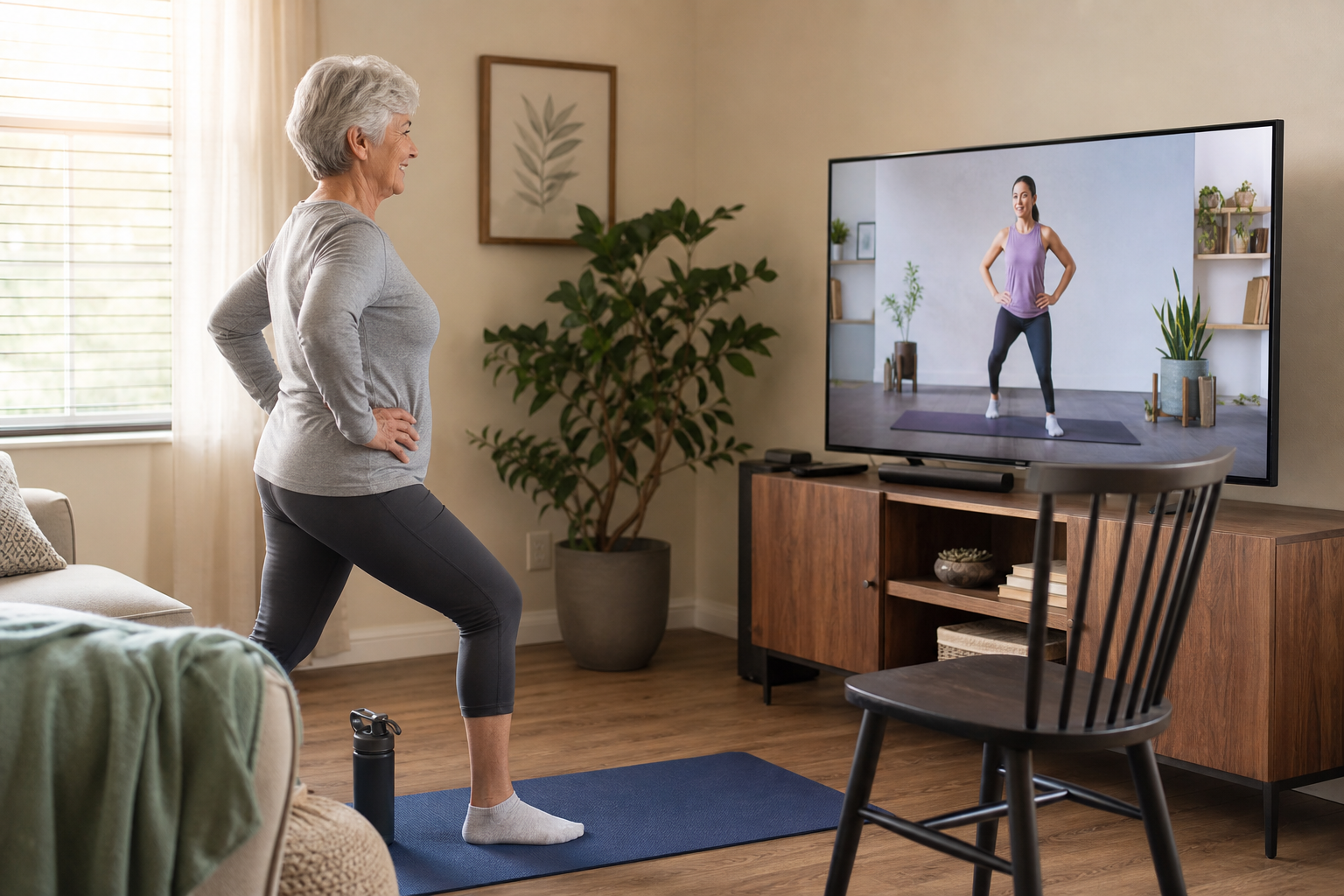Senior woman exercising at home while following a video on TV in a safe, well-lit living room