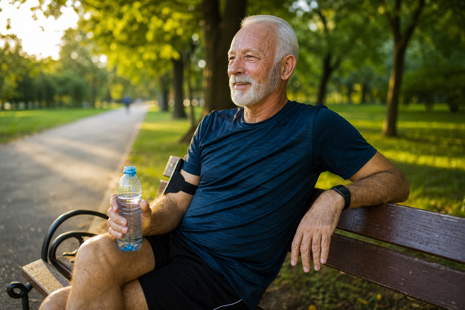 Senior man resting peacefully on park bench after exercise with satisfied expression