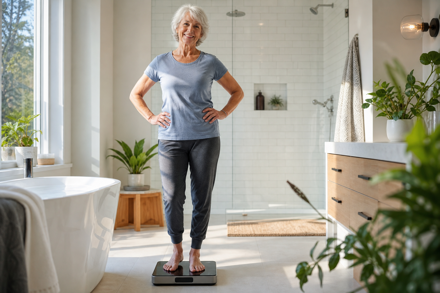 Senior woman standing on smart scale in bright bathroom