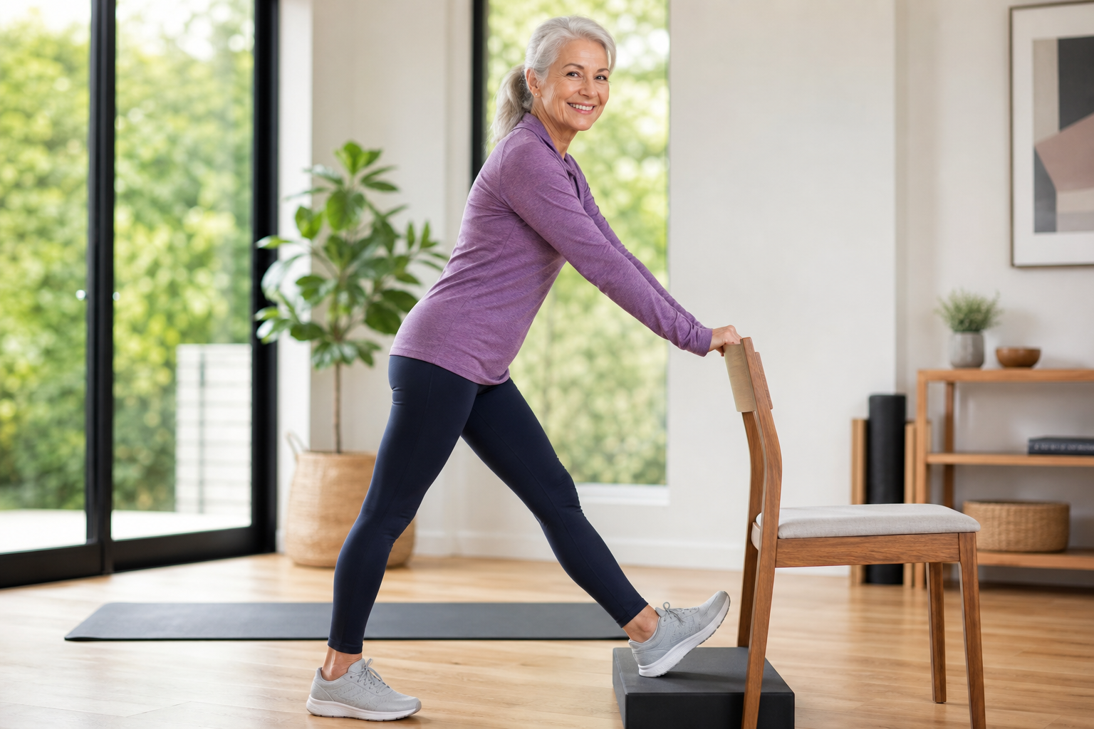 Senior woman performing a gentle hamstring stretch while holding a chair for balance
