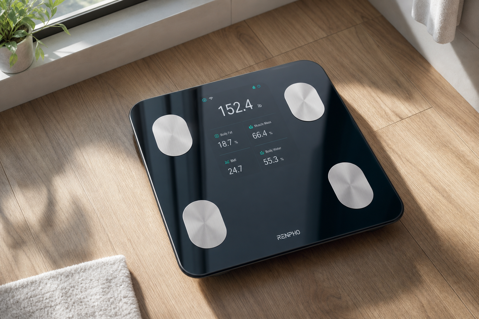 Modern smart scale on bathroom floor displaying body composition metrics