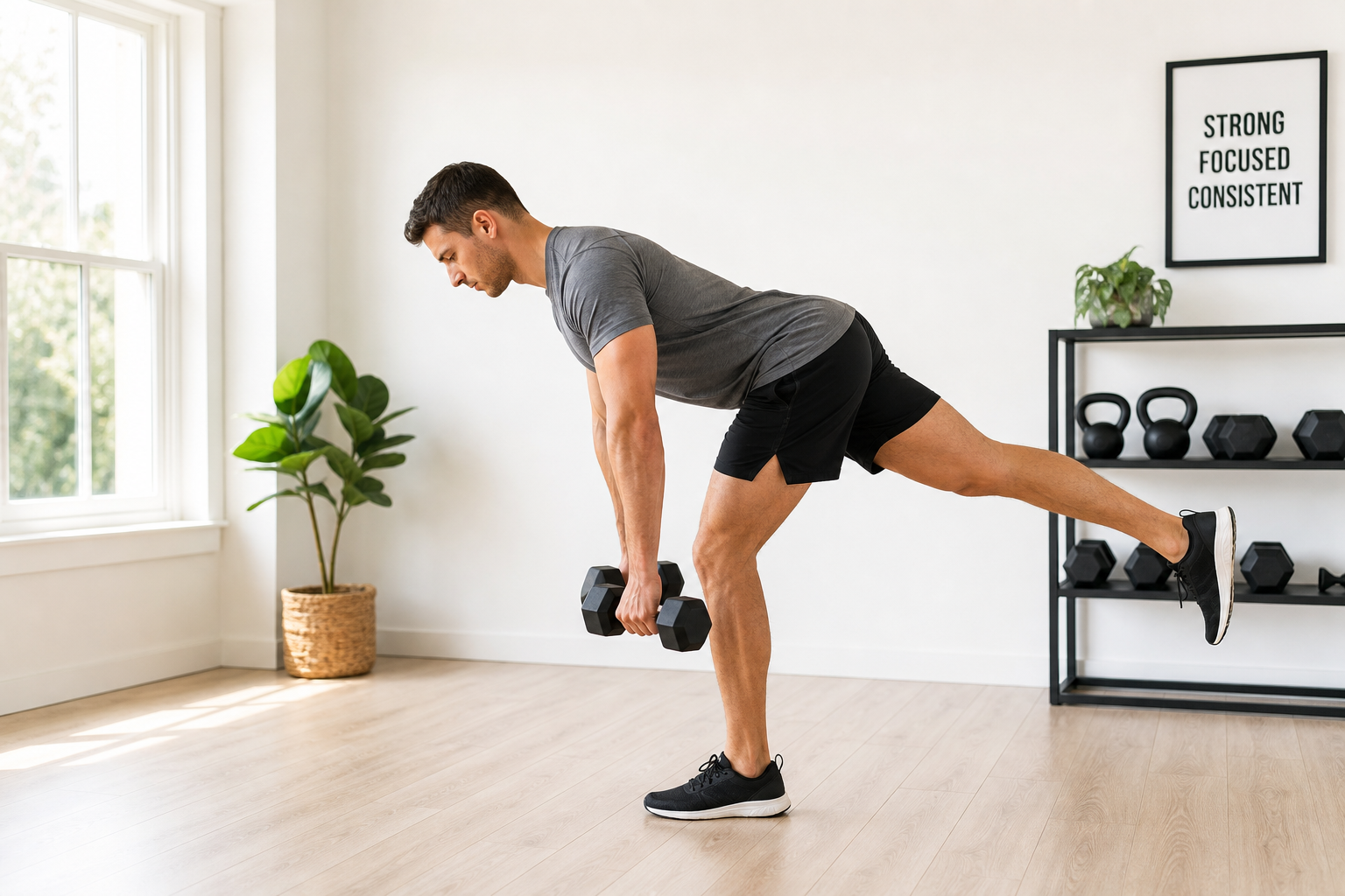 Person performing strength exercise for hamstrings with dumbbells in modern gym