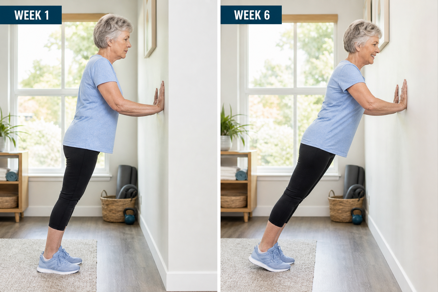 Senior woman showing progression in strength training from beginner to confident form