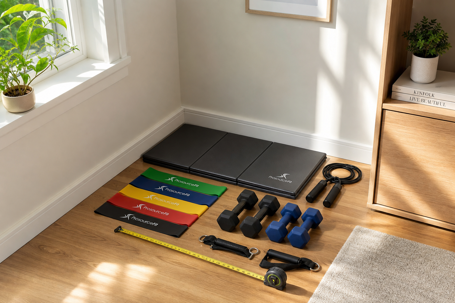 Compact fitness equipment arranged in a small corner space being measured for size considerations