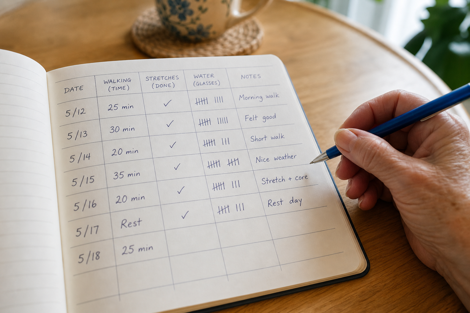 Senior's hand writing exercise details in a paper journal with organized tracking columns