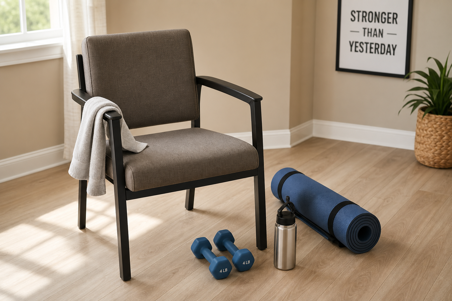 Exercise chair with dumbbells, water bottle, and towel for senior workout