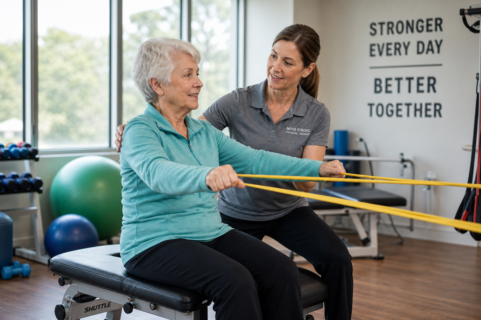 Physical therapist helping senior woman with adaptive exercise equipment
