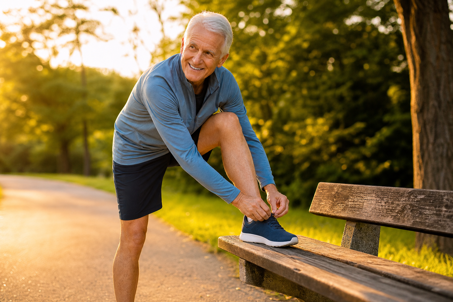 Active senior man tying his shoe while demonstrating good flexibility and balance