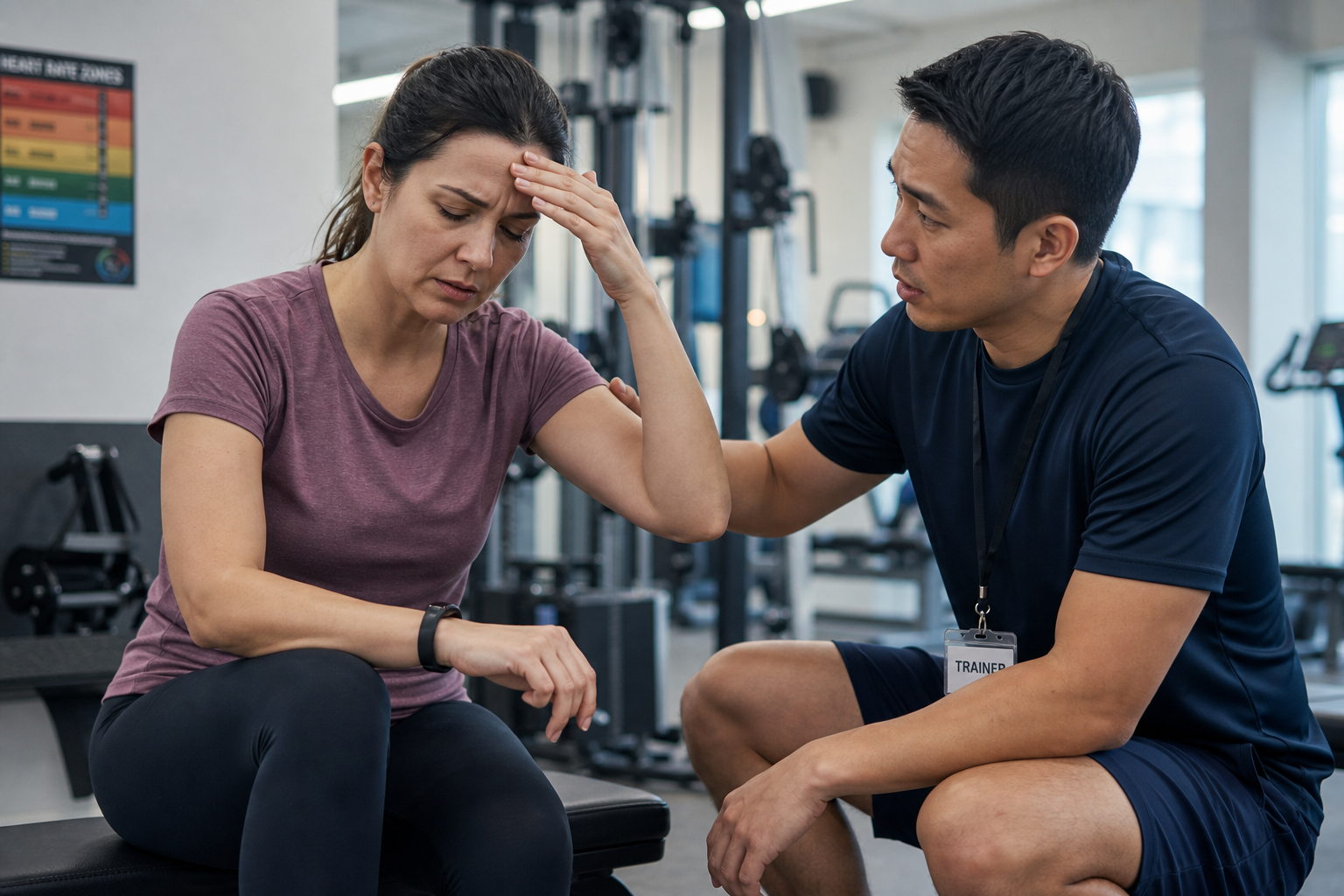 Person showing signs of concerning post-workout symptoms being attended to by a fitness professional