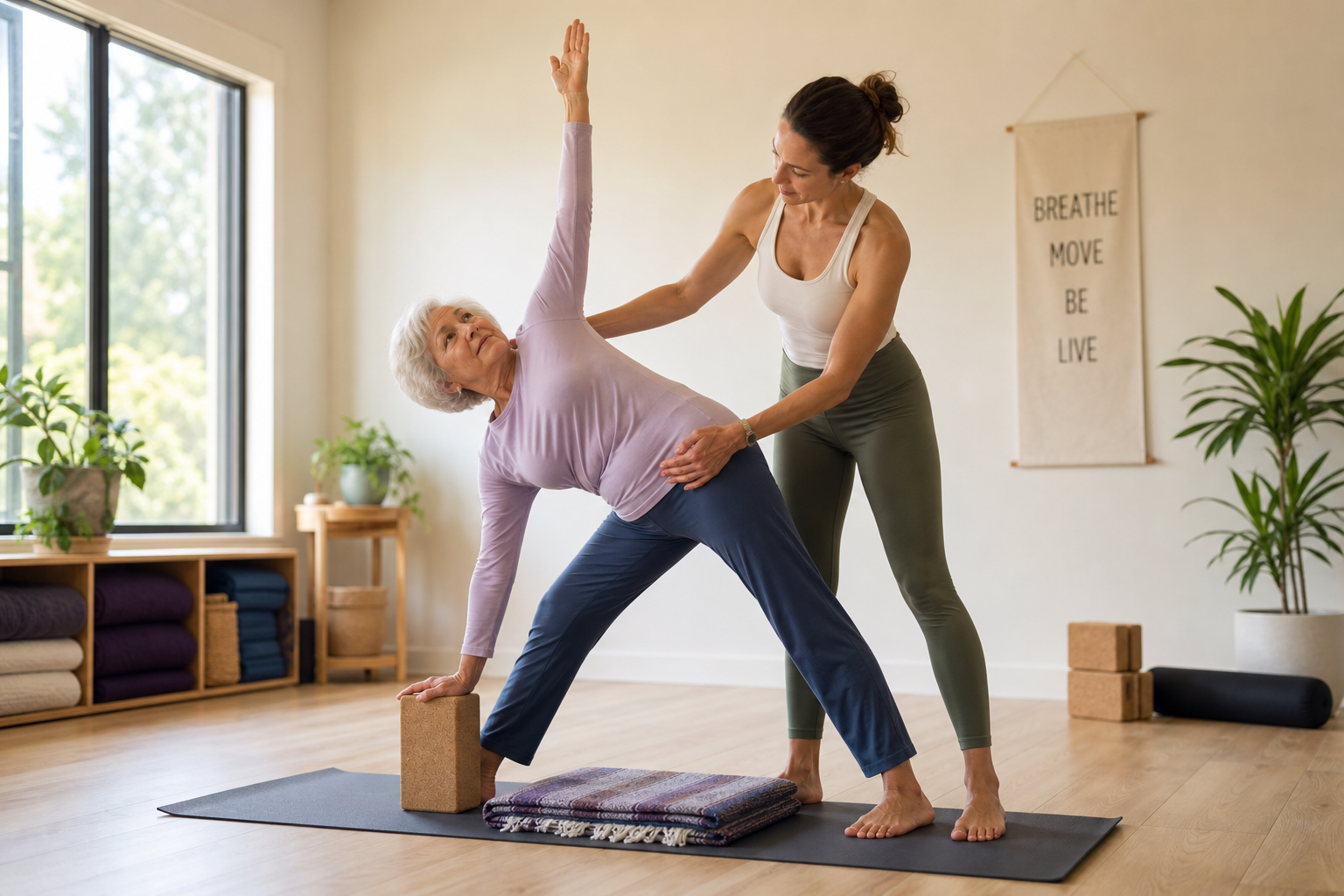 Senior practicing supported triangle pose with yoga block while instructor provides gentle guidance