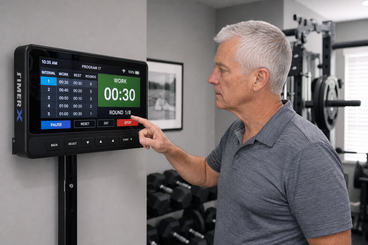 Senior man programming an advanced interval timer for complex workout routines