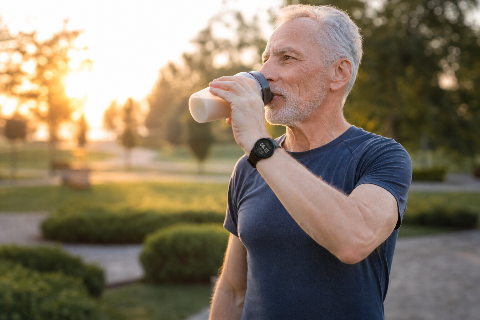 Active senior man drinking protein shake in the morning outdoors