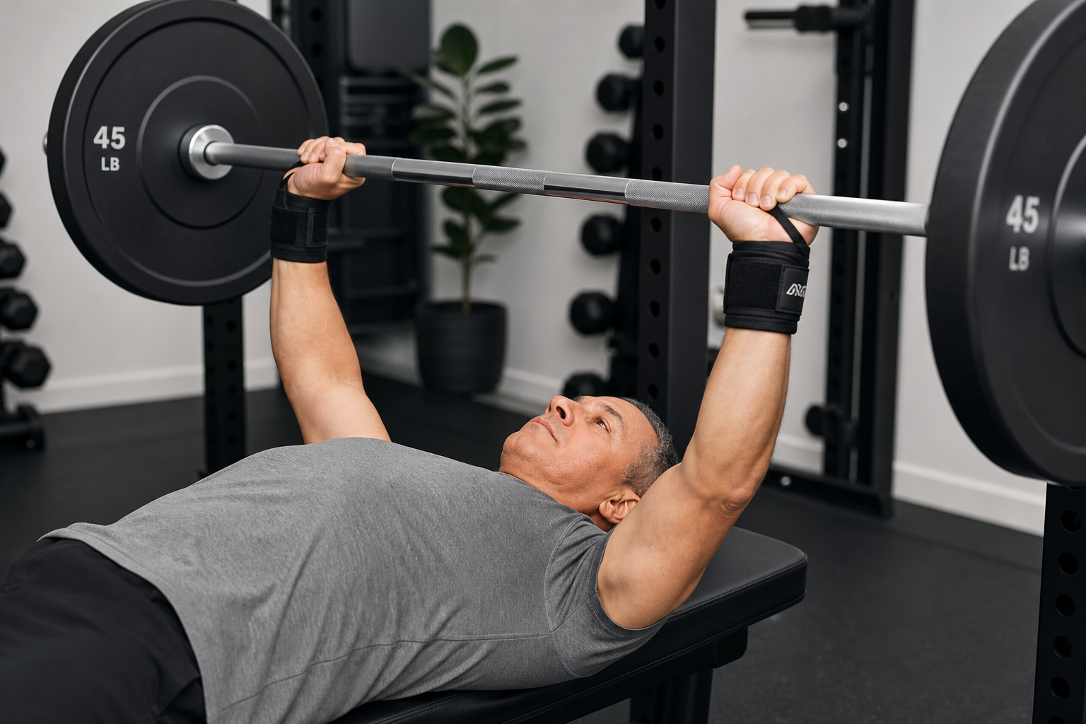 Person performing bench press exercise in home gym while wearing wrist support wraps