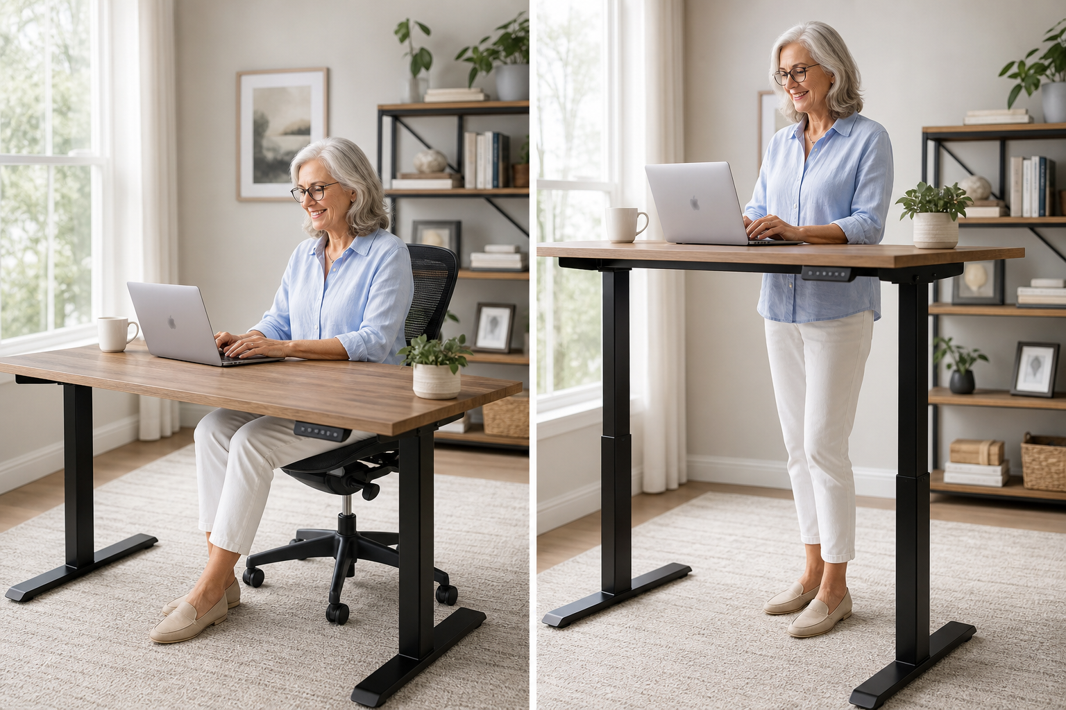 Senior woman alternating between sitting and standing positions at an adjustable desk