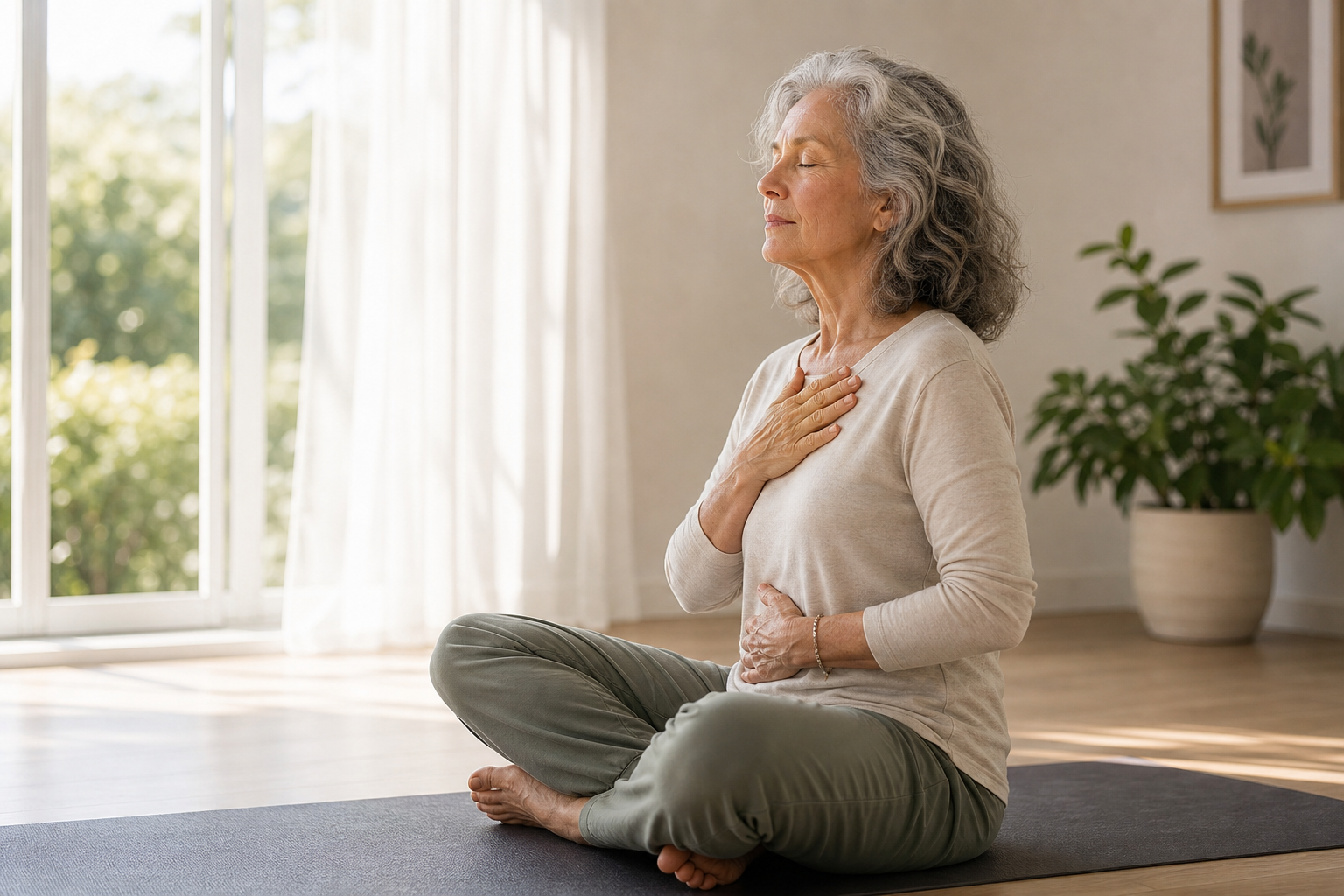 Senior woman practicing mindful breathing while seated on yoga mat