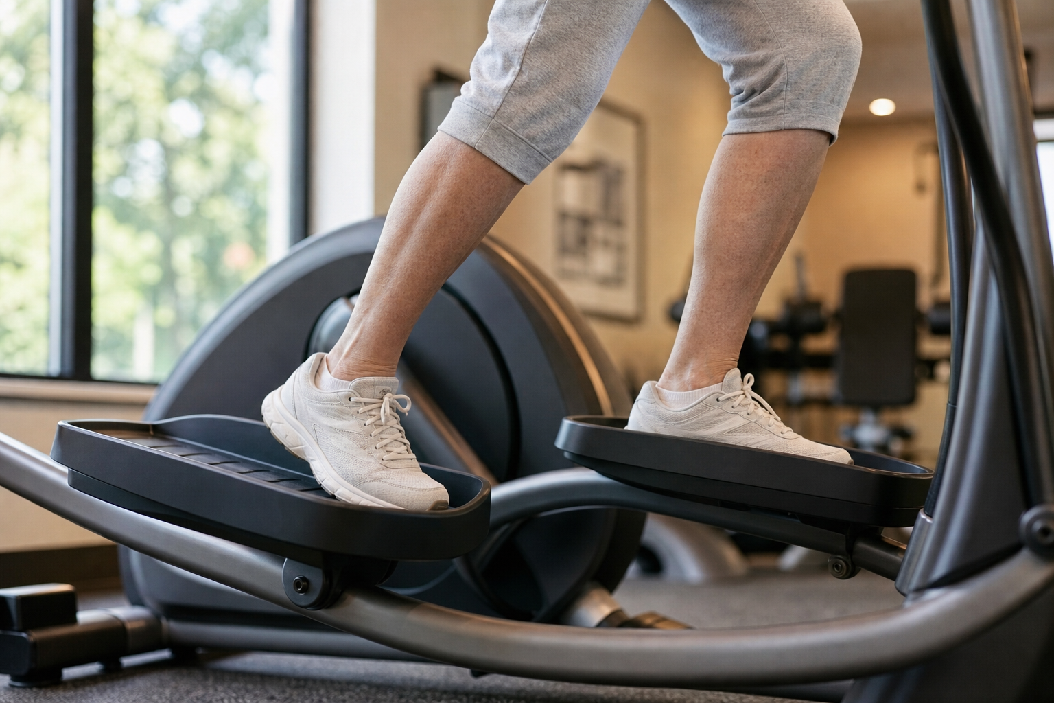 Senior using elliptical machine demonstrating low-impact joint-friendly motion