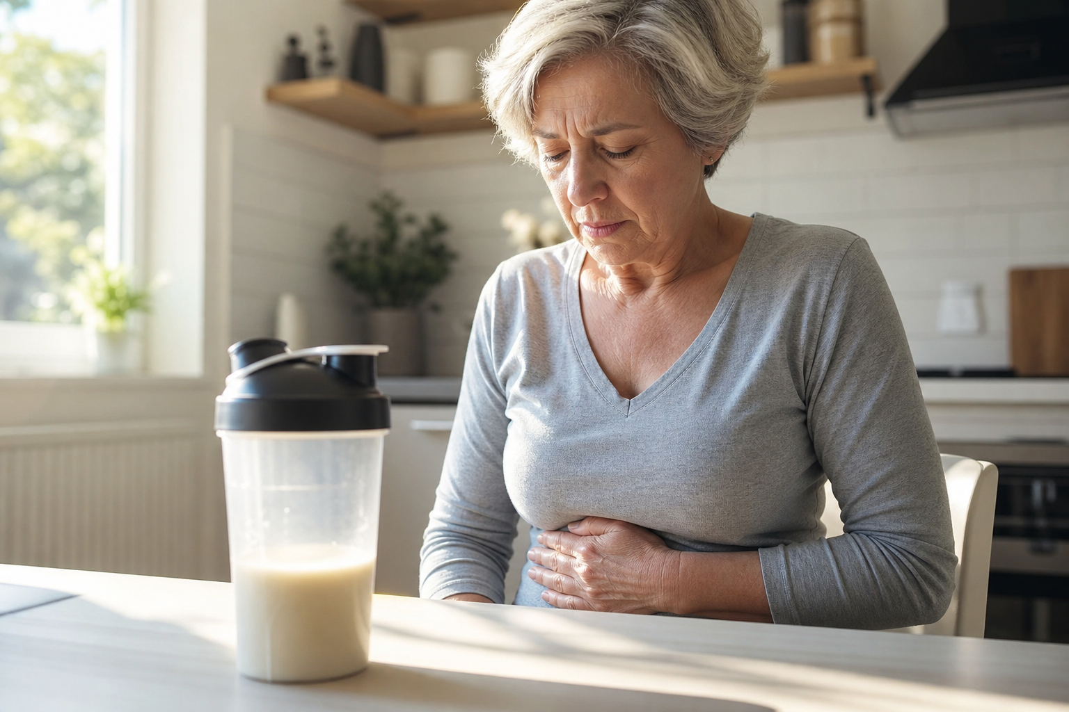 Senior woman experiencing abdominal discomfort after drinking a protein shake