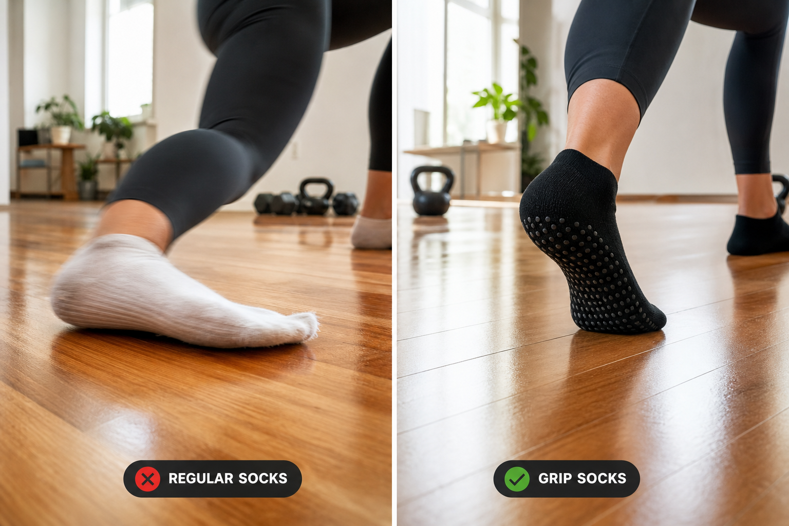 Comparison of feet slipping in regular socks versus stable stance in grip socks during home workout