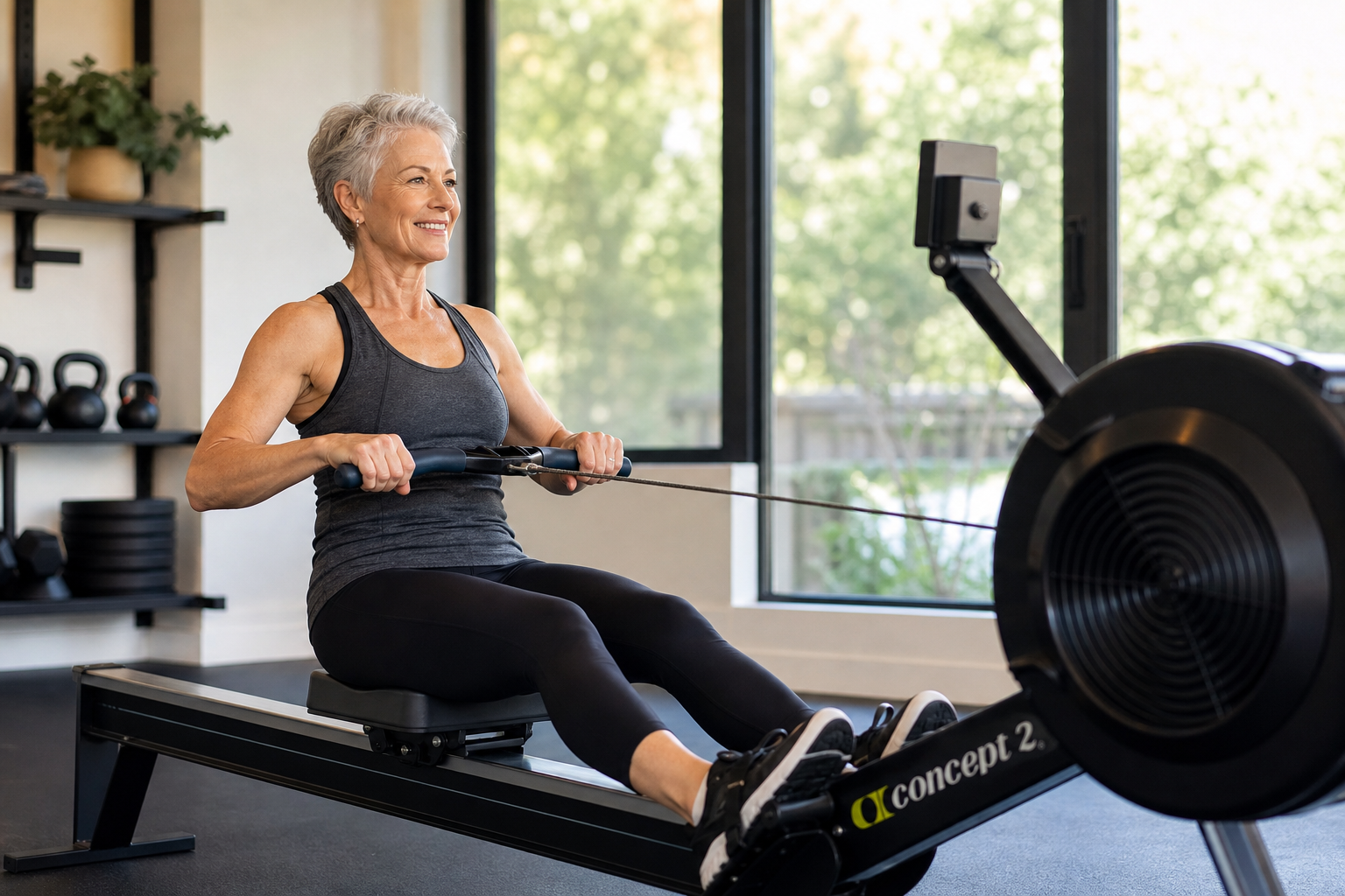 Senior woman exercising on a rowing machine with proper form in a home gym