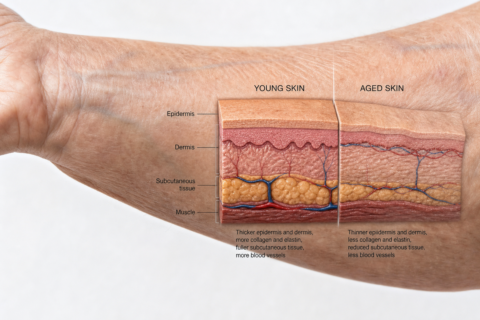 Cross-section diagram showing thinning skin layers in elderly individuals making bruising more likely