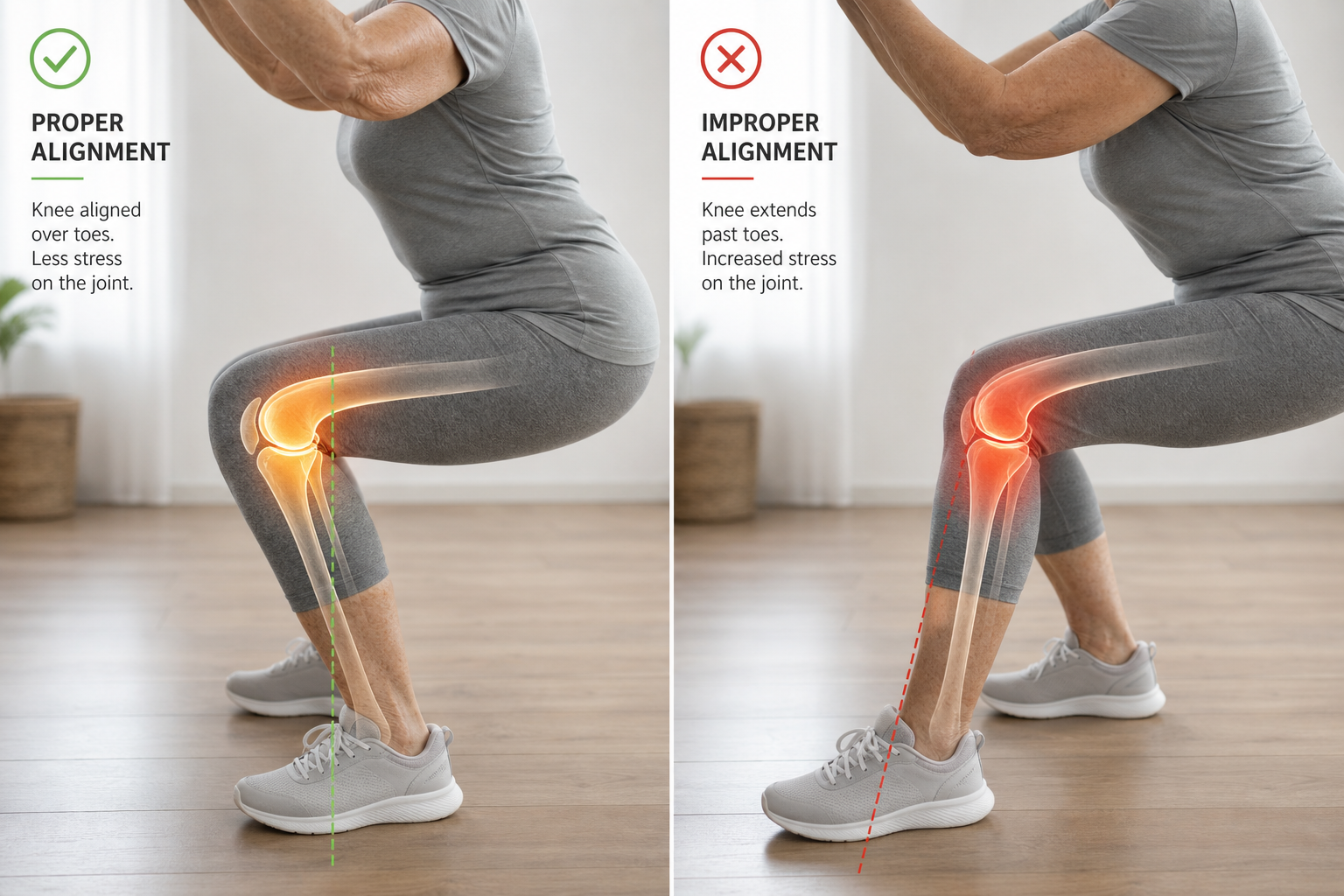 Senior woman's legs showing knee joint alignment during squat exercise