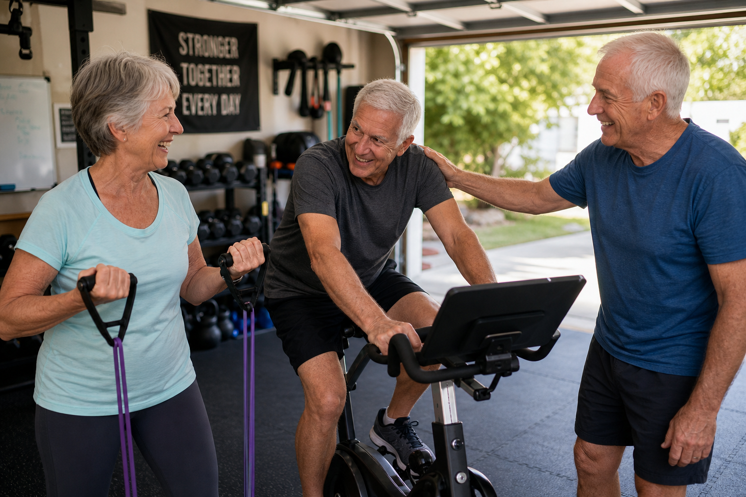 Seniors exercising together in a garage gym, supporting and encouraging each other