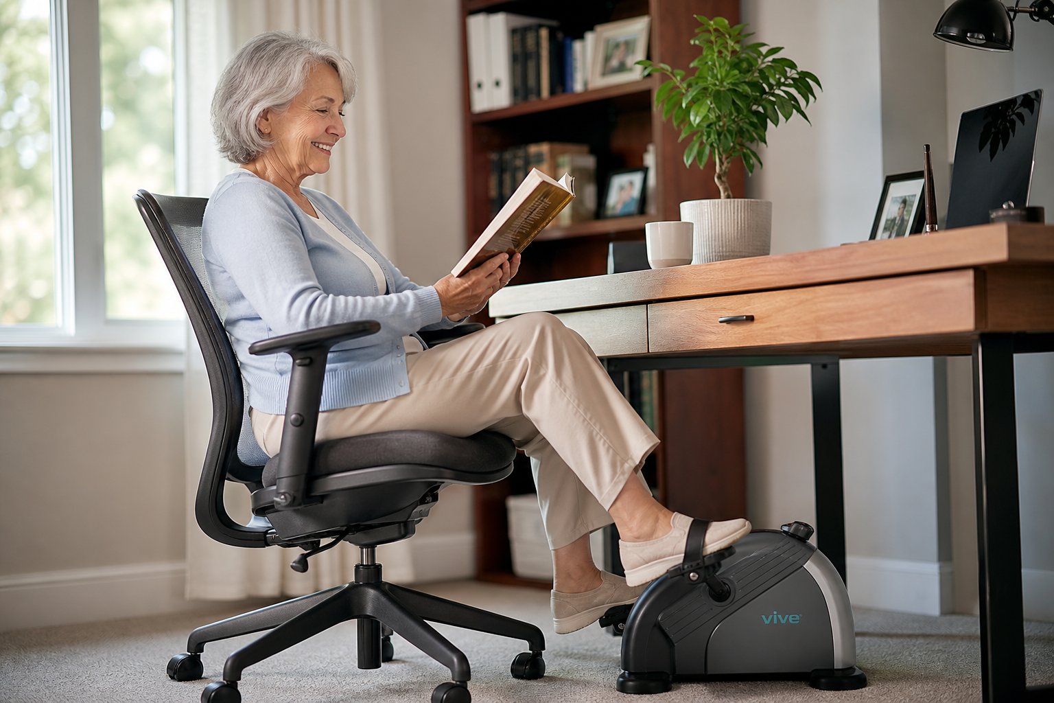 Senior woman using under-desk pedal exerciser while sitting at home office desk