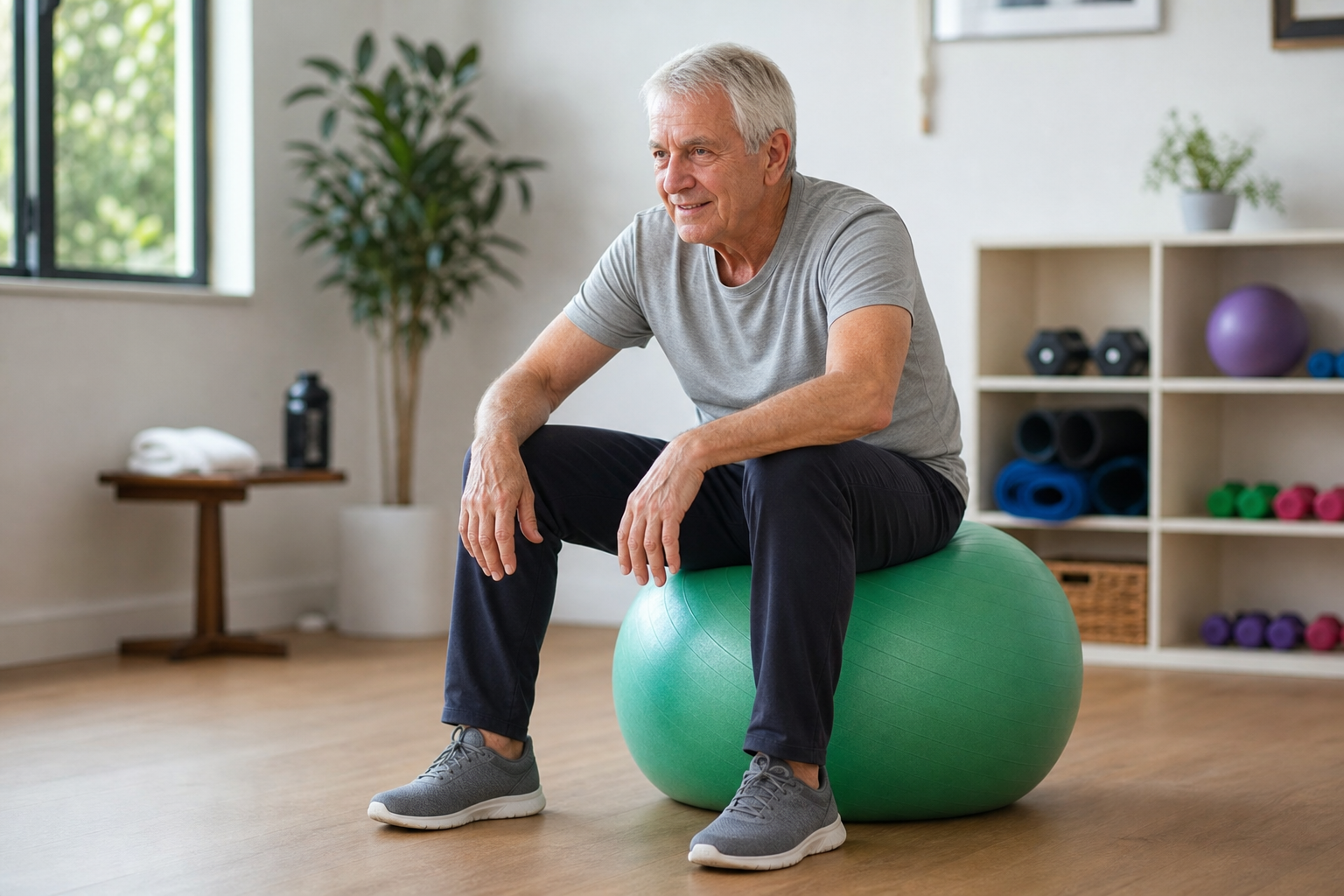 Older man doing a gentle seated exercise on a green stability ball in a home gym