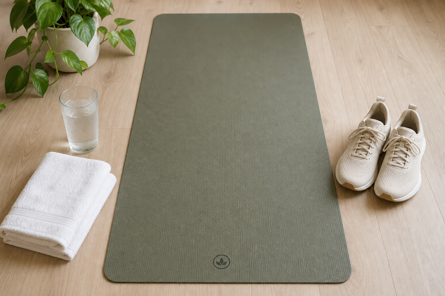 Flat-lay of a yoga mat, water glass, towel, and shoes arranged for a morning stretch routine