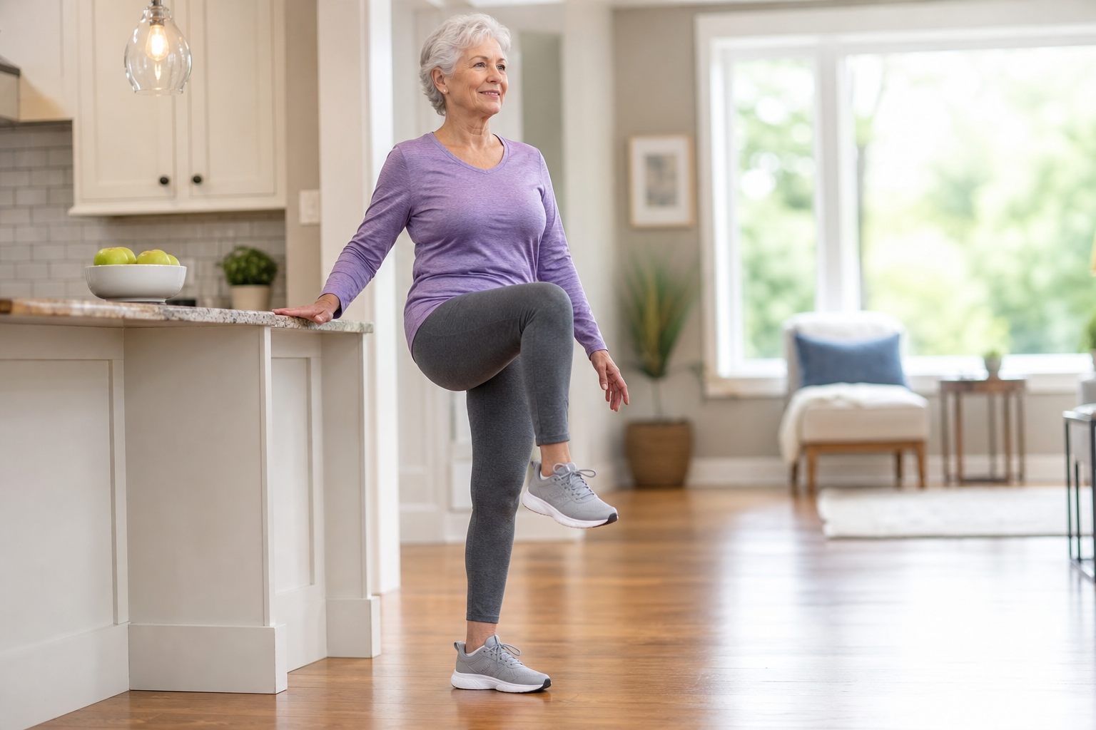 Senior woman doing a standing knee raise exercise while holding a kitchen counter for balance
