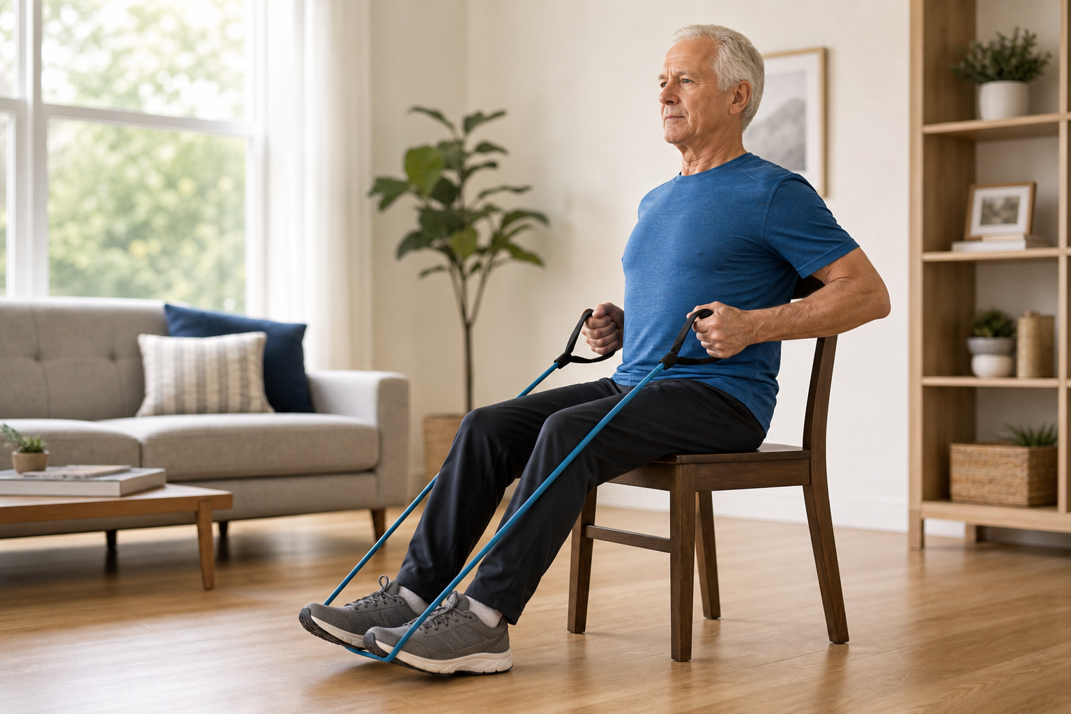 Senior man performing a seated resistance band row exercise in a bright living room