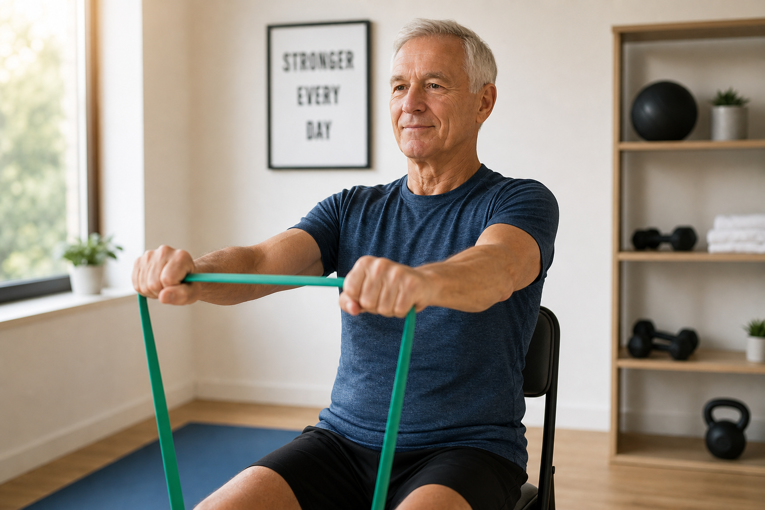 Senior man doing a seated resistance band exercise in a bright home gym space as part of a beginner workout routine