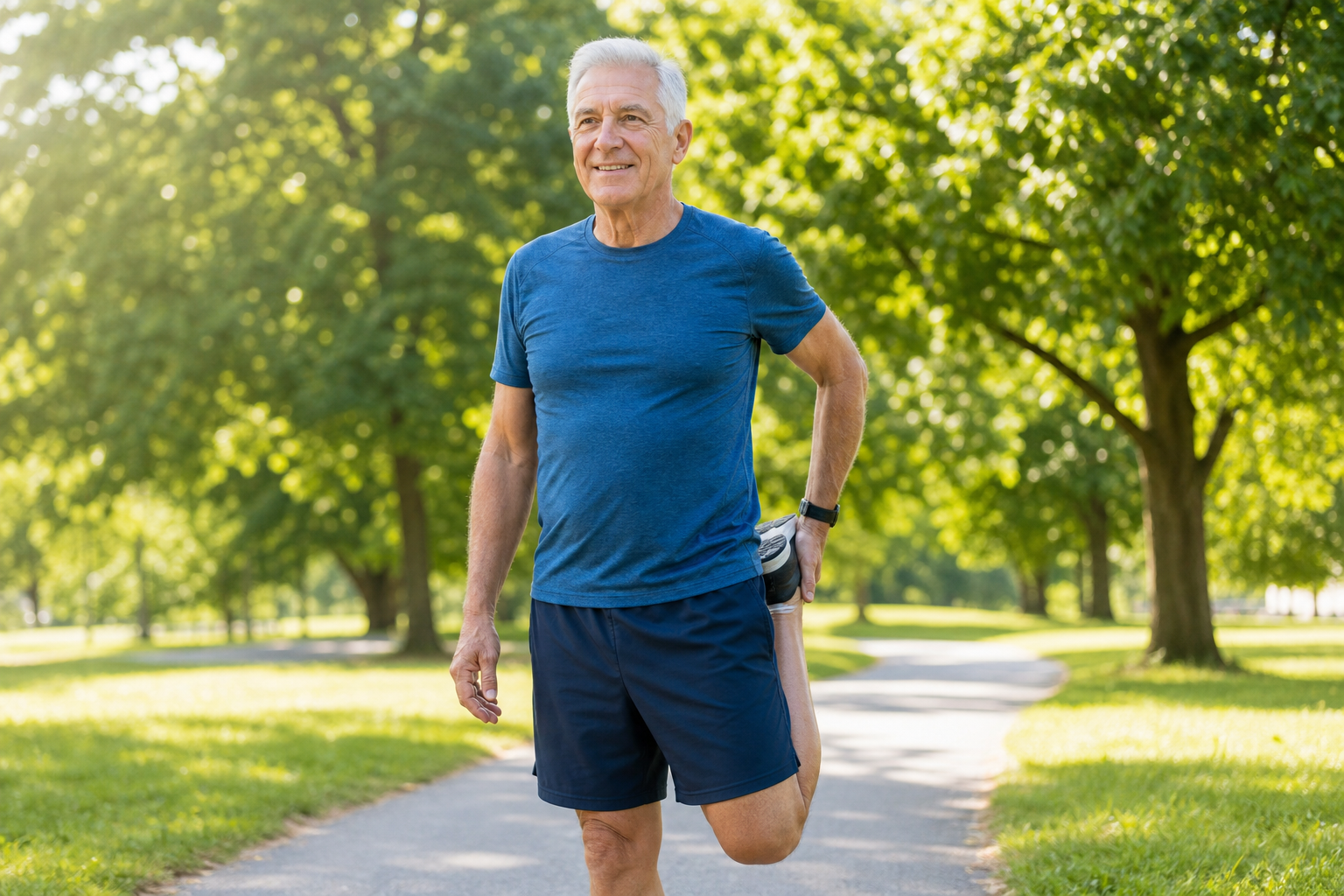 Senior man performing a standing quad stretch during a cool-down routine in a park