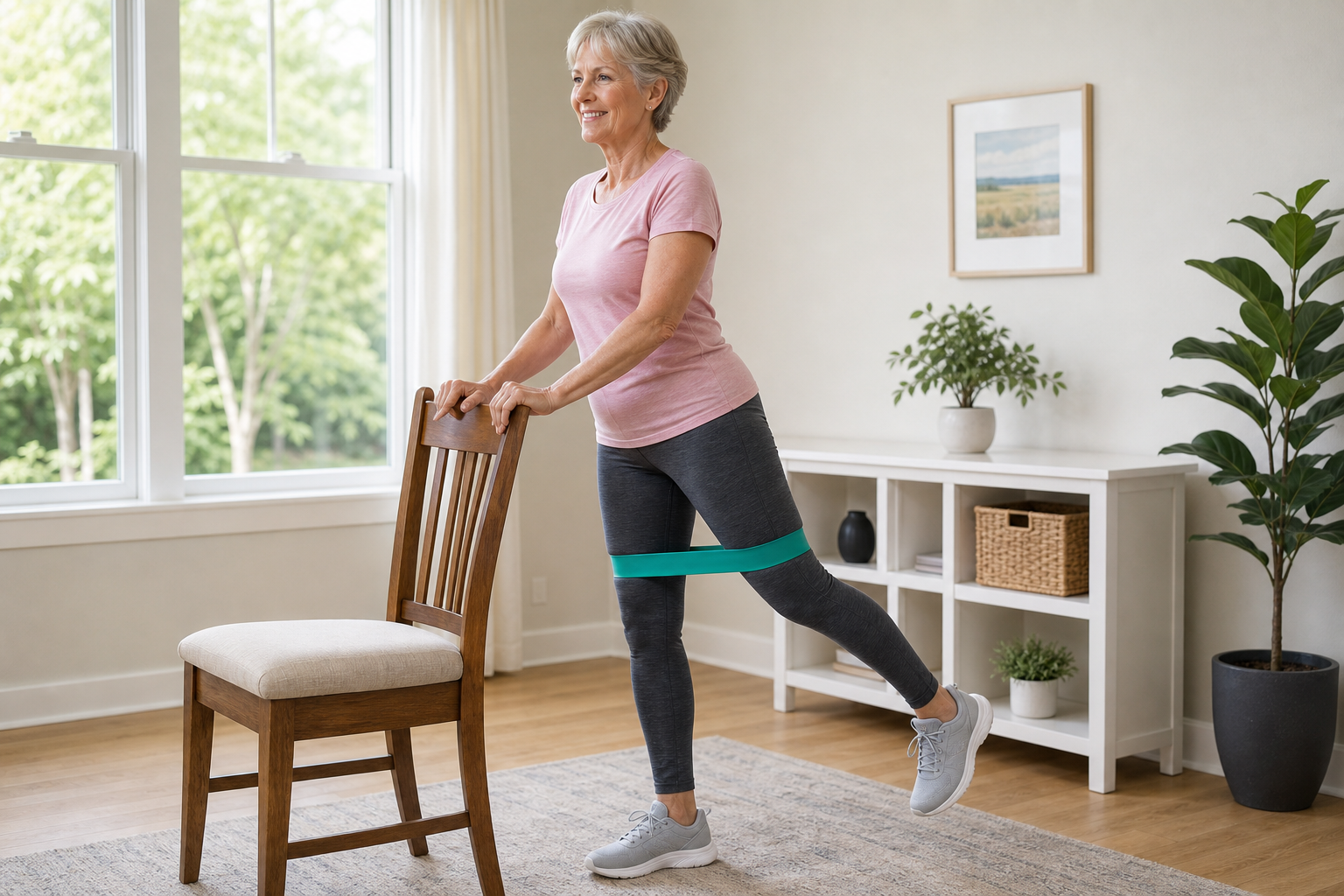 Senior woman using a resistance band around her knees during a standing hip exercise beside a chair