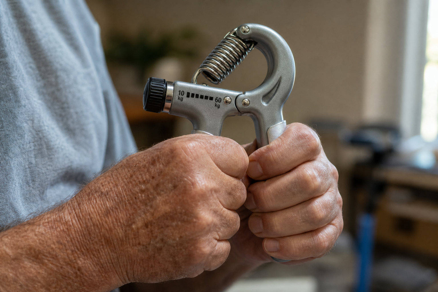 Senior man using an adjustable hand gripper to build grip strength