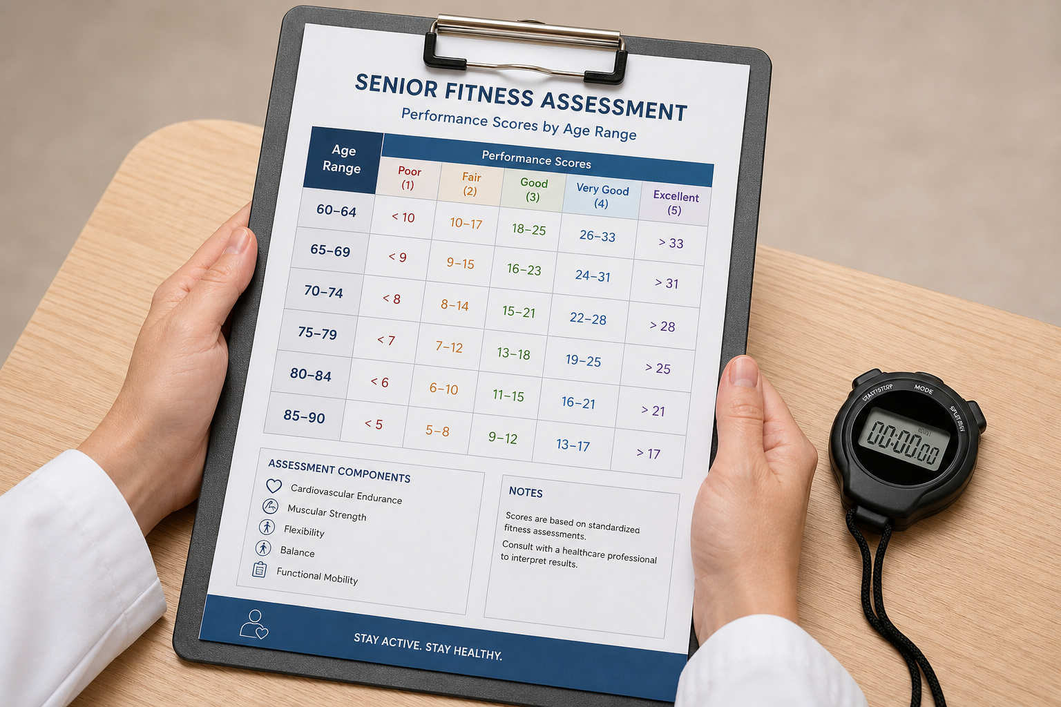 Healthcare professional holding a clipboard with age-based fitness assessment reference chart