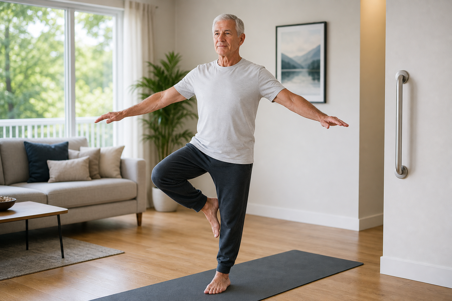 Senior man practicing single-leg balance exercise on a yoga mat at home