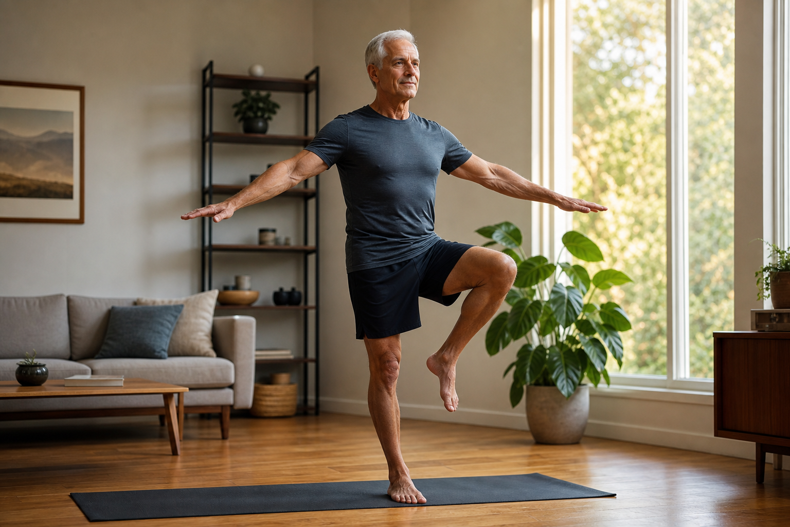 Older man practicing single-leg balance on a yoga mat in a calm sunlit living room