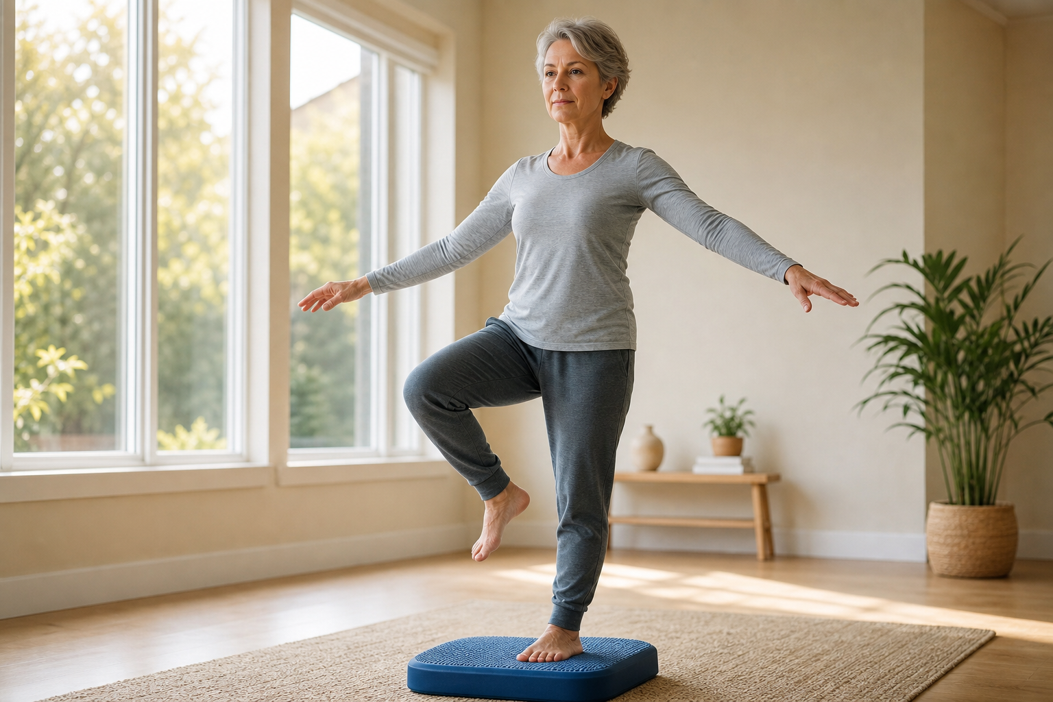 Mature adult standing on one leg on a balance foam pad practicing single-leg balance exercises in a bright home setting