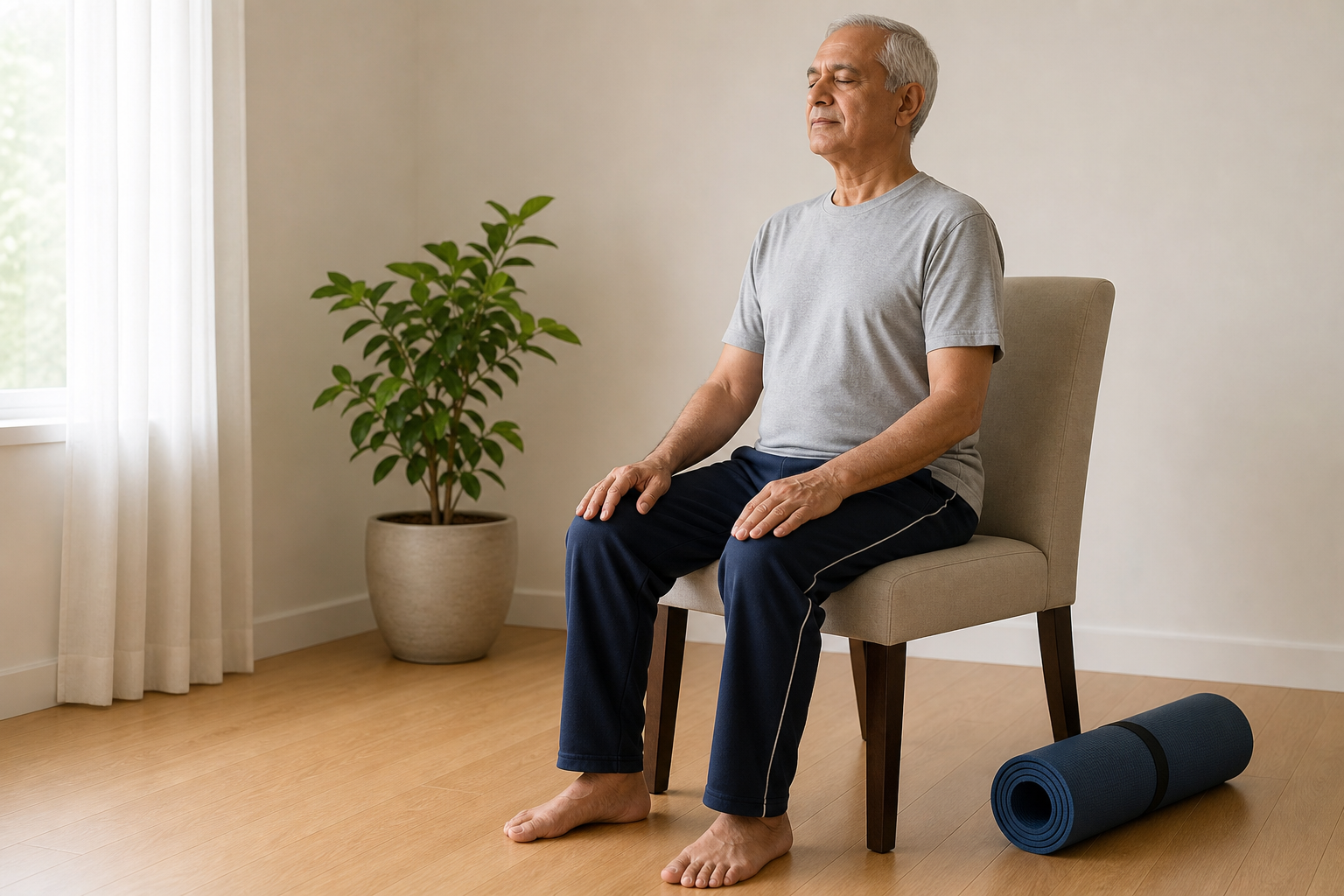 Senior man sitting upright on a chair with eyes closed practicing deep breathing before yoga