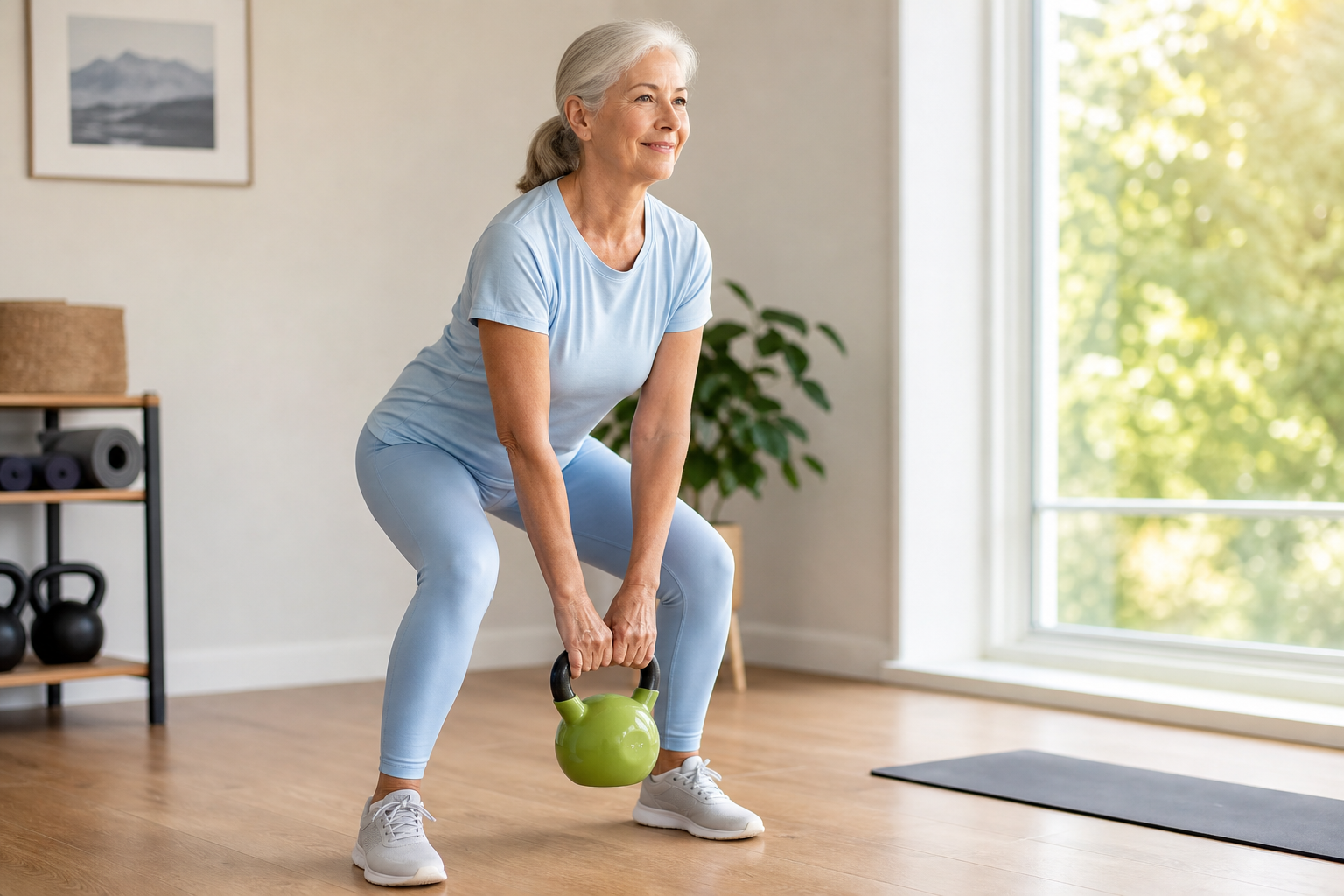 Senior woman performing a beginner kettlebell deadlift with good form in a bright home gym setting