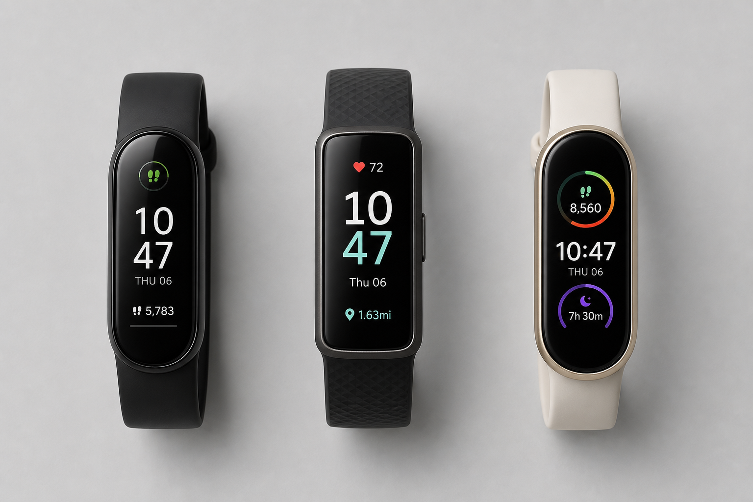 Three modern fitness tracker smartwatches arranged in a flat lay on a gray surface