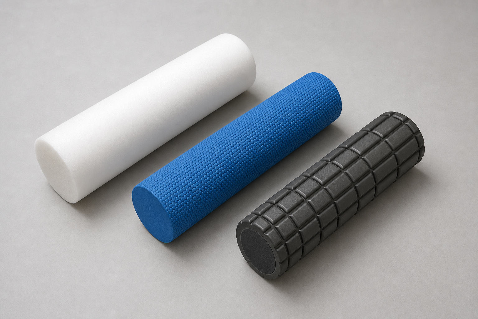 Three foam rollers of different densities and textures arranged on a gray surface