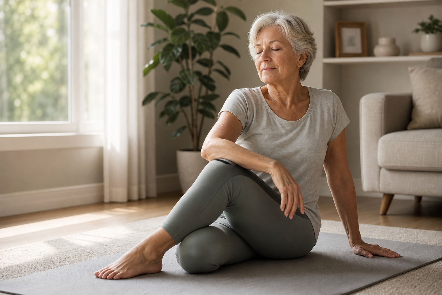 An older woman peacefully stretching on a yoga mat near a sunlit window at home