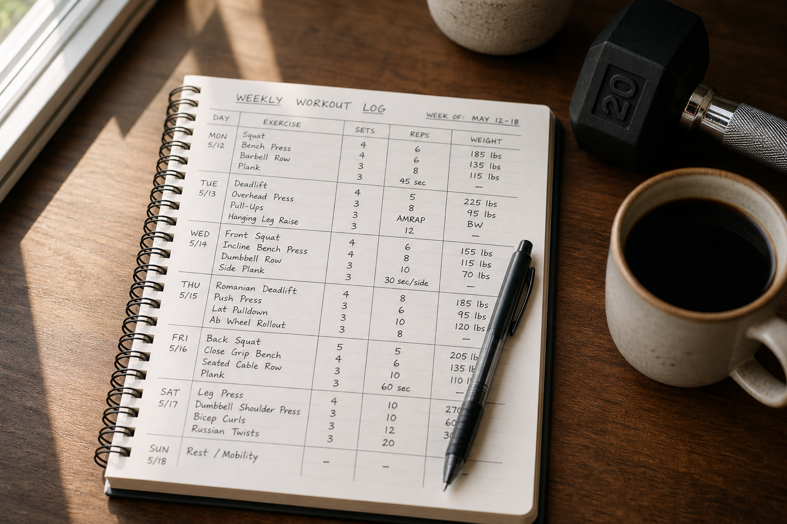 Workout journal with a written weekly progression plan alongside a dumbbell and coffee cup