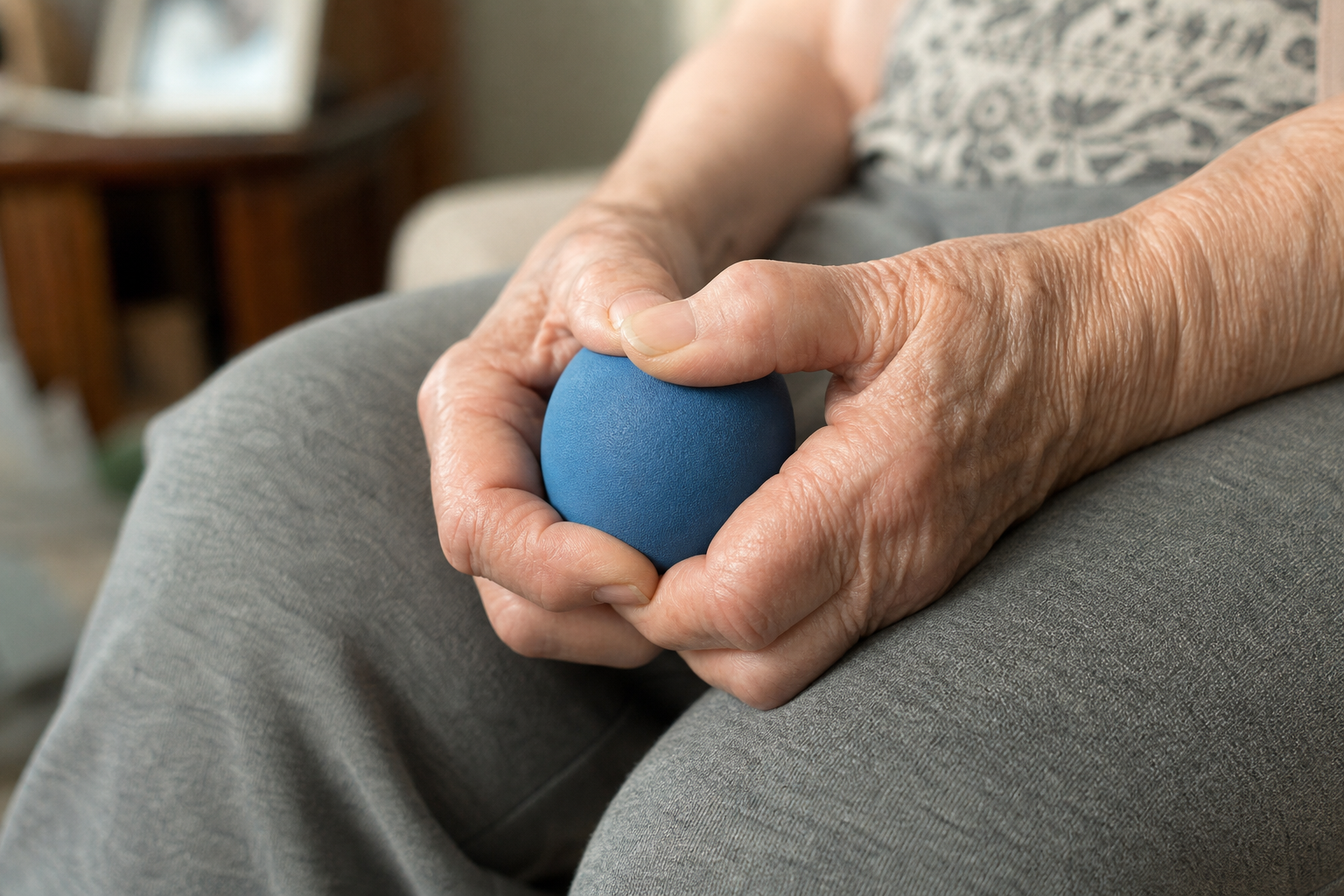 Close-up of elderly hands squeezing a foam grip strengthening ball