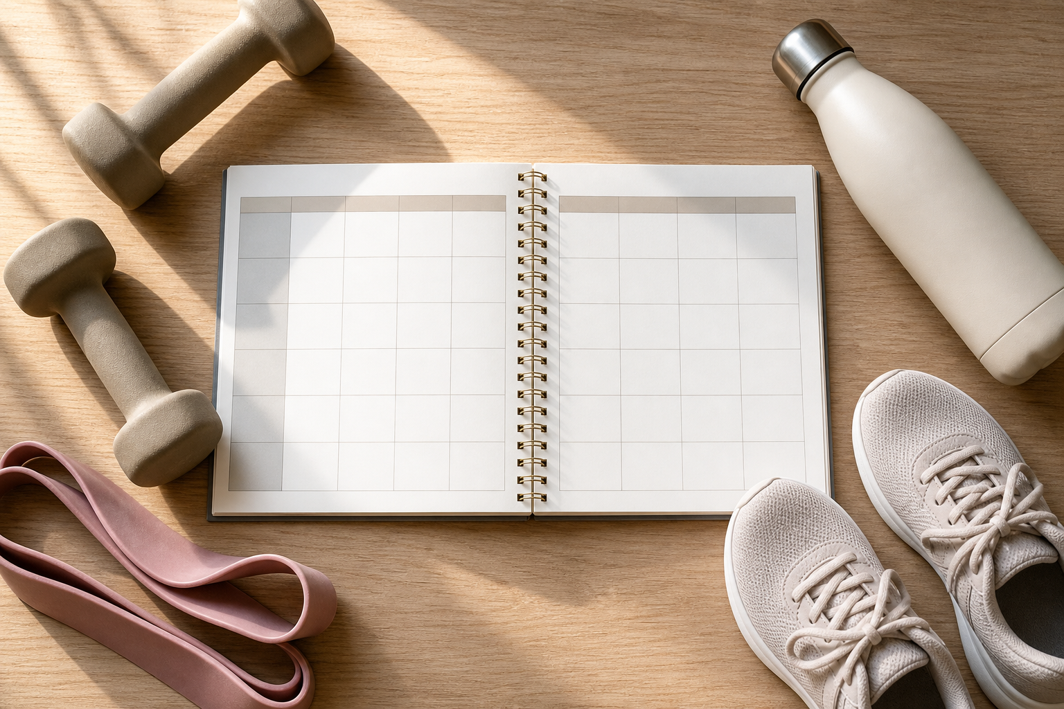 Flat lay of fitness planning tools including dumbbells, resistance band, and a weekly planner for building an exercise routine