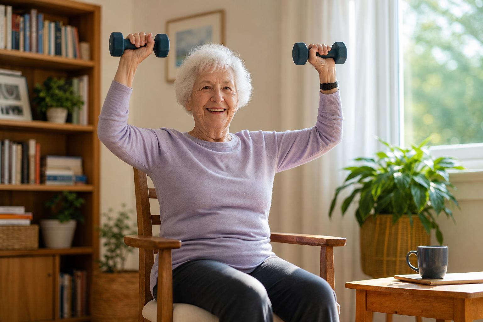 Elderly woman doing seated arm exercises with light weights in a home living room