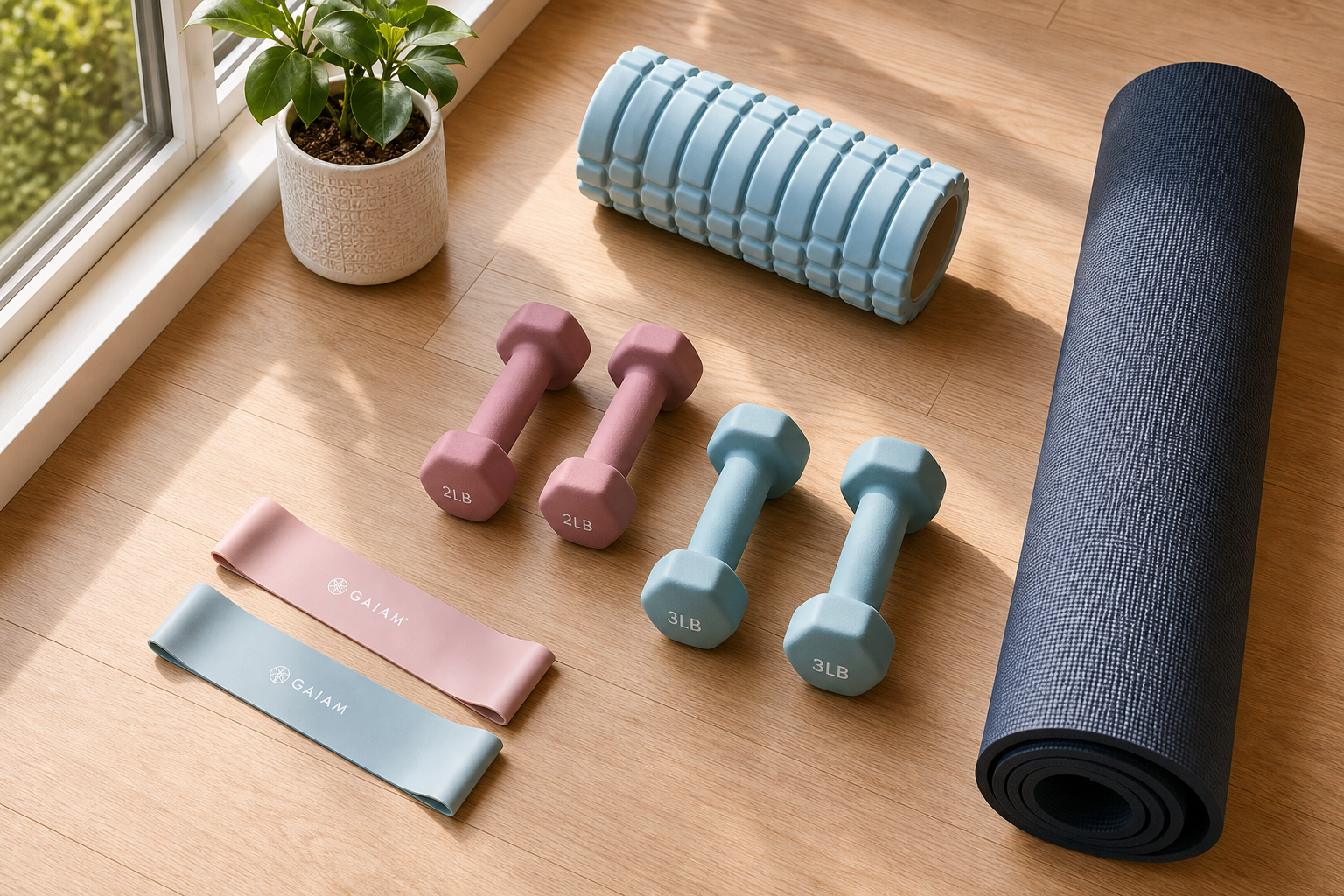 Selection of senior-friendly home gym equipment including resistance bands, light dumbbells, foam roller, and yoga mat on a wooden floor