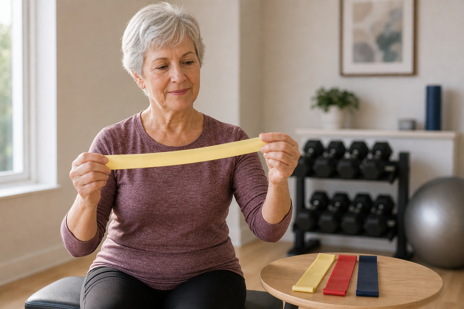 Senior woman examining a light resistance band with multiple resistance levels displayed nearby